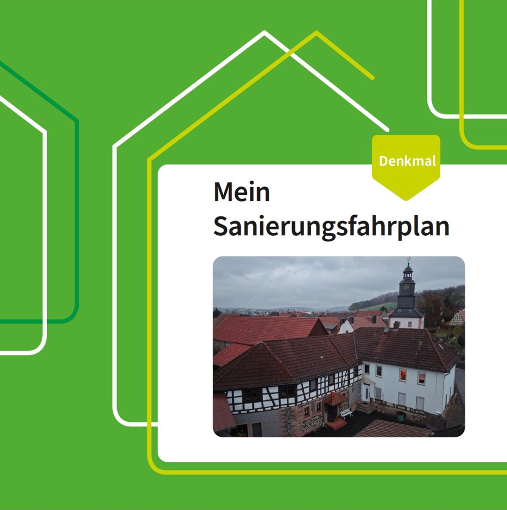 Titelseite eines individuellen Sanierungsfahrplans in der Ausführung für Baudenkmale mit Luftaufnahme eines Fachwerkhauses