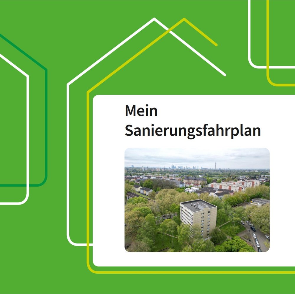 Titelseite eines individuellen Sanierungsfahrplans (iSFP) für ein Wohngebäude in Frankfurt mit Luftaufnahme des Gebäudes